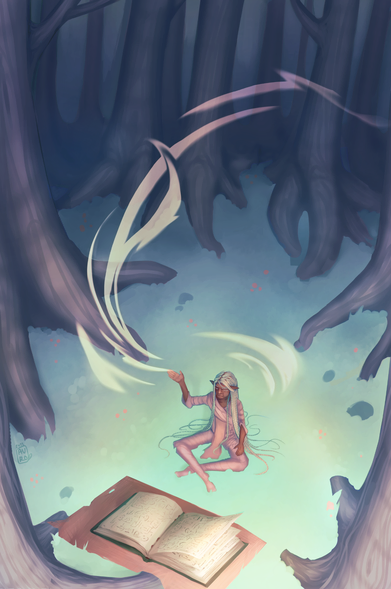 An older black woman with white braids sits in the woods holding her palm up to collect colorful wisps of light as she sits before an open book with the text of a foreign language. The trees in the background of the meadow are barren but rather than ominous appear serene.