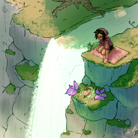 A young alchemical student sits at the edge of a waterfall on a small reed mat, unfortunately, they have dropped their growth serum onto a smaller ledge. It is now leaking off the ledge into the waterfall! Surely this will not cause any issues.