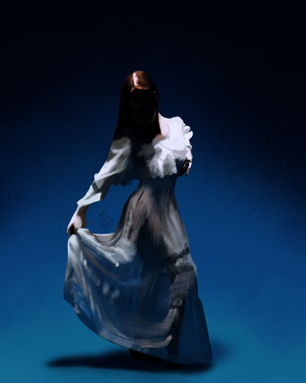 A woman in very dramatic lighting coming from above her stands on a blue background. Her dress is slightly transparent so much of the blue can be seen through the white dress. Her red hair is only partially seen through the shadow of the light above. She holds the dress with her hand as she lifts her foot off the ground.