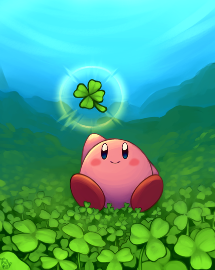 Kirby, from the Nintendo Universe, sits in a field of clovers that goes on far into the horizon. He holds above his head a single four-leaf clover which he has found in the vast fields of three-leaf clovers!