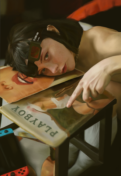 Girl leaning on magazines