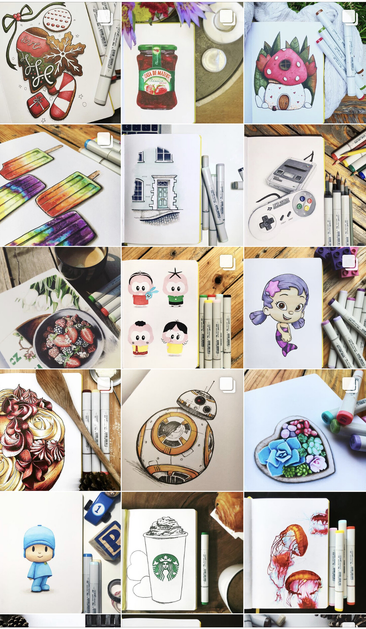 A collage of sketches made with copic markers. Left to right, top to bottom: X-mas cookies; jam jar; mushroom house; rainbow popsicles; door; Super Nintendo; bowl of berries; Mônica Toy; Una from Bubble Guppies; cake; BB-8; succulents in a heart-shape; Pocoyo; Starbucks cup; jellyfish.