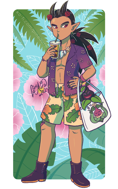 Illustration of Malroth from Dragon Quest Builders 2 drinking some boba tea while carrying a Fright Bulb in a tote bag. He's adorned with flower themed clothes that give off typical vibrant, summer vibes. The background has palm trees, pink hibiscus flowers, and other big, leafy plants on a light blue rectangle.