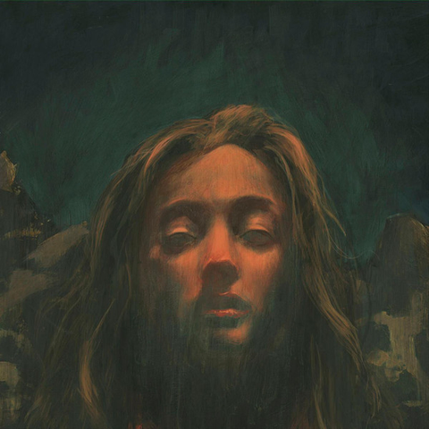 Album cover of the above depicting an androgenus person with long hair, in a religious like state.