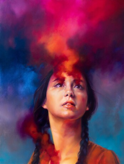 an oil painting of a woman looking up into a cloudy sky, magenta and orange clouds streaming into/or/out of her eyes upwards. Her hair is in two plaits and windswept she looks thoughtful, focused and emotional