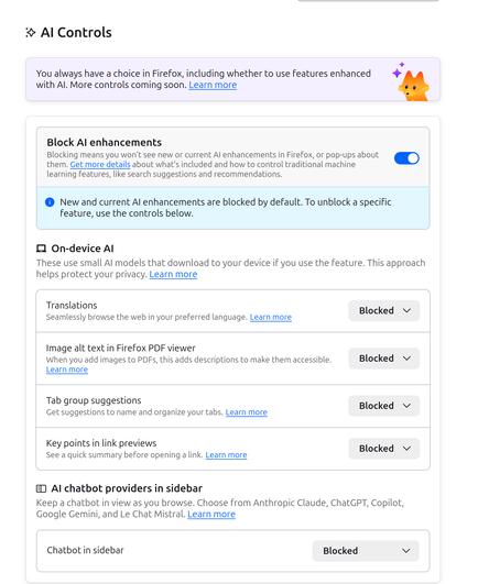 Screenshot of the Firefox AI controls panel showing all AI enhancements as blocked.