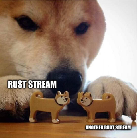Cute Shiba dog making toys "kiss". The toys are small Shiba dogs. One toy has a text saying "Rust Stream", the other toy says "Another Rust Stream"