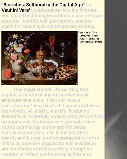 Slide featuring a still-life painting of flowers, pastries, nuts, and tableware arranged on a table. Text at the top reads: “‘Searches: Selfhood in the Digital Age’ by Vauhini Vara,” with a note identifying her as the author of The Immortal King Rao and a Pulitzer Prize finalist. Faded background text discusses how the image metaphorically represents the relationship between technology, AI, and human experience.
