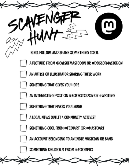 A scavenger hunt to help people get settled onto Mastodon.
