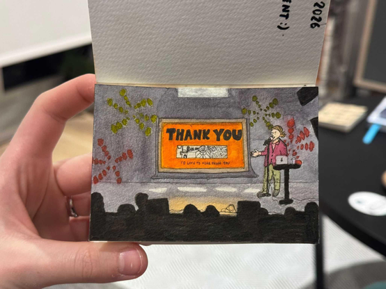 A water-colour painting of a blonde woman presenting slides. The slide displayed is orange with the words Thank You.