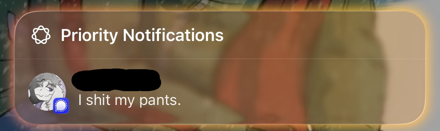 My friend sent me a message on Signal saying "I shit my pants.", which Apple Intelligence decided was a Priority Notification.