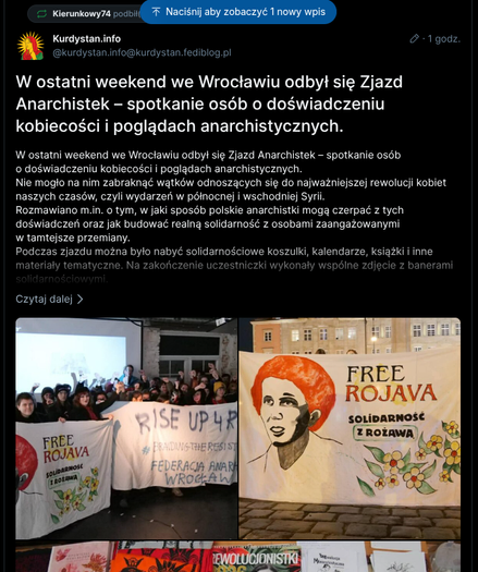 Screen posta z WordPress w Fedi: ładny tytuł pogrubiony, zajawka treści, 3 obrazki, przycisk "Czytaj dalej"