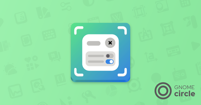 GNOME Circle sharepic with the Gradia app icon on a green background with GNOME symbolics. The app icon consists of a wireframe app window on a gradient background.