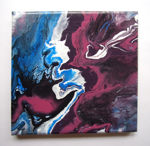 abstract painting with blue on the left side, dark pink on the right side and black and white traces in and aroud them