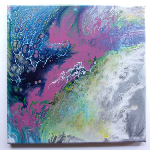 abstract painting with a bright pink in the middle, blue and white doing a lacey effect in the upper left corner and a green to white gradiant on the lower right side