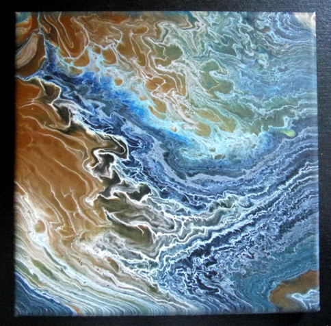 abstract painting with brown coming from the upper left side and going towards the center. The reste is blue and white and it looks like a piece of land and a sea with a lot of waves seen from above.