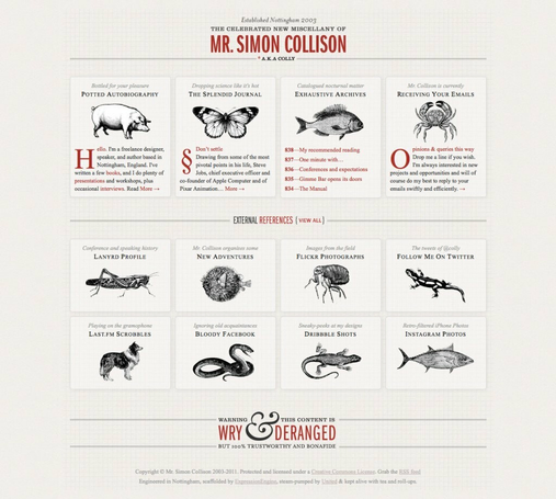 Simon Collison's colly.com website as it looked from 2010 to 2016 (version 4). A type-driven design using black and red on subtle page textures with animal illustrations for decoration.