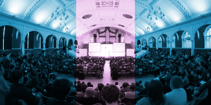 A photograph of a packed Albert Hall during a New Adventures design conference event in 2012, with pink and blue transparent overlays.