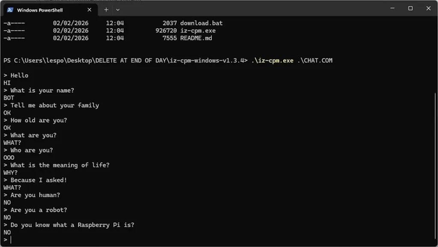 [ImageSource: HarryR]

👾The project comes with two examples. Tinychat is a conversational chatbot that responds to greetings and questions about itself with very short replies. The other is Guess, a 20-question game where the model knows a secret and I must try to guess.👾

Both of these examples are made available as binaries for use with CP/M systems and the Sinclair ZX Spectrum. The CP/M files are typical .COM files that anyone can easily run. For the ZX Spectrum, there are two .TAP files, cassette tape images that can be loaded into an emulator, or on real hardware.

The chatbot's AI is limited but nuanced.

• OK - acknowledged, neutral
• WHY? - questioning your premise
• R U? - casting existential doubt
• MAYBE - genuine uncertainty
• AM I? - reflecting the question back

⁉️According to [HarryR], "....it's a different mode of interaction. The terse responses force you to infer meaning from context or ask probing direct yes/no questions to see if it understands or not". The responses are short on purpose, sometimes vague, but there is a personality inferred in the response. Or could this just be a human brain trying to anthropomorphize an AI into a real person?⁉️