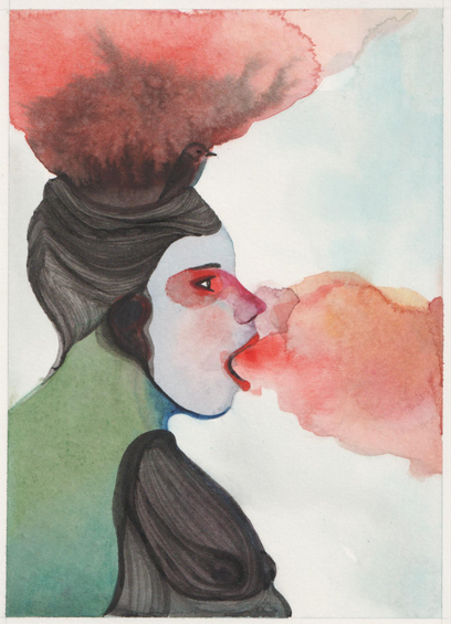 Dessin d'un personnage de profil, son crâne comme un volcan en éruption, de la fumée sort de sa bouche, un oiseau posé au bord du cratère.