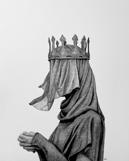 A black and white ink drawing in a cross-hatched style features a figure wearing a crown and a heavy veil that completely obscures their face and head.