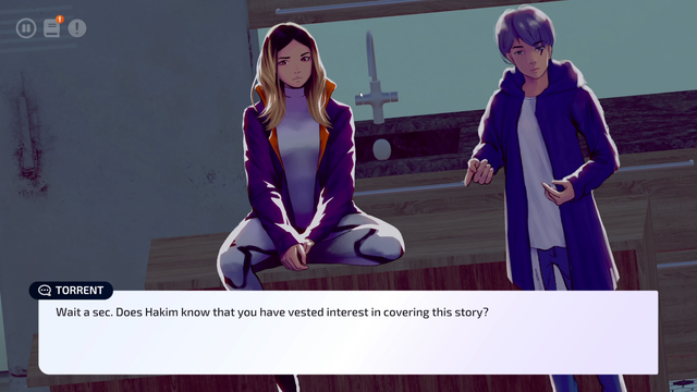 In-game screenshot for Solace State, a video game to be released in 2023 for PC and Xbox. The screenshot features characters Chloe (left) and Torrent (right) speaking in a kitchen. Chloe is sitting with one leg up on the kitchen island, while Torrent is gesturing towards her. Torrent has a speech bubble at the bottom 1/4 of the screen, where he says, "Wait a sec. Does Hakim know that you have vested interest in covering this story?" 