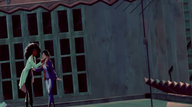 An animated gif showing the unique gameplay aesthetic of Solace State, a cyberpunk indie game to be released for Xbox and PC in 2023. The screenshot features Sueli (left) and Chloe (right) leaning intimately towards each other on a rooftop, next to a satellite dish. 