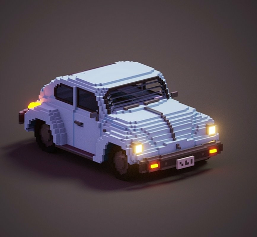 Voxelart of a ligth blue bettle car.