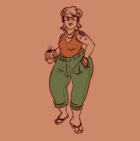 Drawing of Pephero(an OC of mine).
They are Standing with a hand in their pocket while they listen to music and hold a coffee cup.