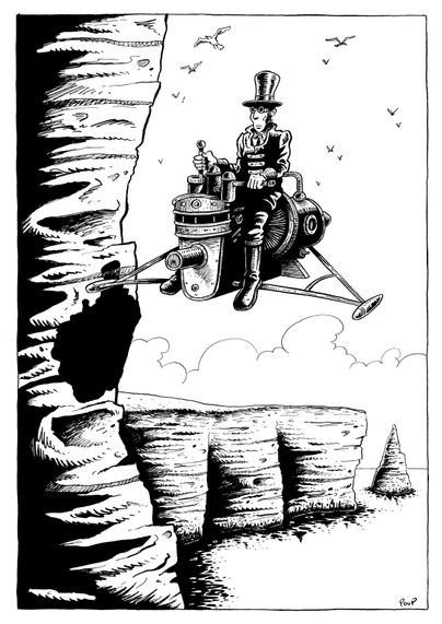 Un homme vole à bord d'une étrange machine volante aux allures rétrofuturistes. Il est habillé en costume du 19ème siècle et porte un chapeau haut-de-forme. Il longe une falaise qui donne sur la mer. Quelques mouettes l'accompagne dans le ciel.

A man flies aboard a strange, retro-futuristic flying machine. He is dressed in a 19th-century suit and wears a top hat. He flies along a cliff overlooking the sea. A few seagulls accompany him in the sky.