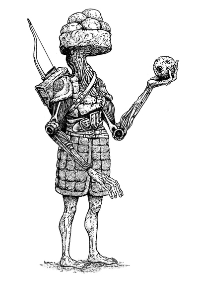 Drawing of a strange creature bio-mechanical wearing medieval-fantasy style armor and bow. Strange potato-like fruits in a bowl instead of head, and its holding one of them, it has a face.