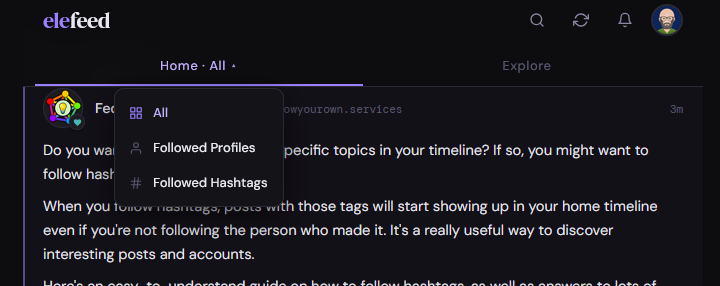 Screenshot of Elefeeds ability to filter by profiles or hashtags.