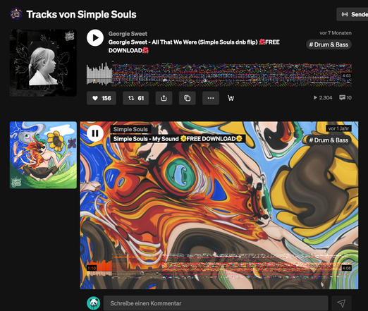 Screenshot of Soundcloud profile page. Wave Forms are rendering as glitchy pixel noise.