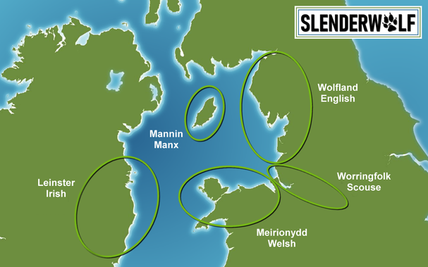 a map of the Irish Sea with territories labelled Leinster, Mannin, Meirionnydd, Wolfland and Worringfolk - and languages spoken in the respective territories Irish, Manx, Welsh, English and Scouse - boundaries are indicative not exact