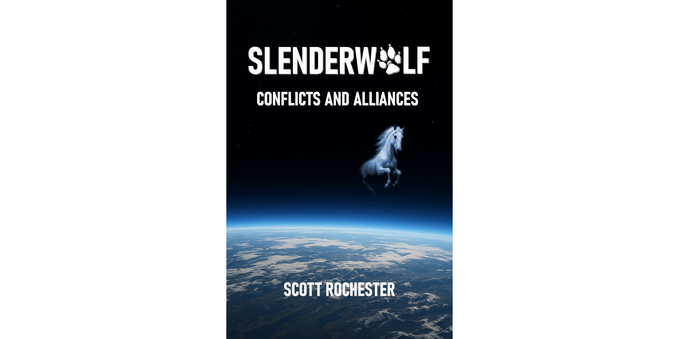 Book front cover - a view of planet Earth from space.

The top two thirds of the cover show outer space in black - the lower third shows cloud cover of about 20% revealing a mix of greens and blues, and indistinct divisions of land and sea - the horizon is prominent with various shades of hazy blues and whites.

All in capitals, in white, the top boldly proclaims SLENDERWOLF as one word - in place of the letter O there's a graphic representing the paw print of a wolf - below that, in a slightly smaller font, the remainder of the title says CONFLICTS AND ALLIANCES

There is no sub title

Overlaid in white capitals across the bottom of the cover is the author's name SCOTT ROCHESTER

Super imposed on the black in the centre of the cover, slightly over to the right, is an image of a graceful, ghostly, white horse appearing to emerge from the cover - the head, neck and forelegs are clear - the body becomes progressively vague as it disappears into the background - the hind legs cannot be seen.