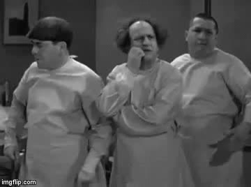 An animated GIF of the Three Stooges (Moe, Larry and Curly), wearing doctor's uniforms.

Larry (who has curly hair) asks, "What's the matter with you?"
Curly (who has very short hair) replies, "I'm trying to think but nothing happens"