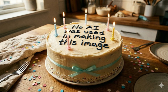 Image of a birthday cake that on top says, in icing, "No AI was used in making this image." That's not true.
