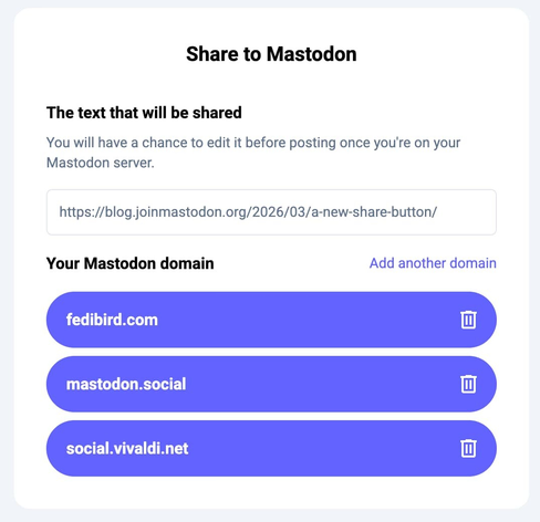 Mastodonの新しいシェア機能の画面。複数のサーバー用ドメインをあらかじめ登録しておくことができ、現在はfedibirdを含む3つのサーバーが選択肢として並んでいる。