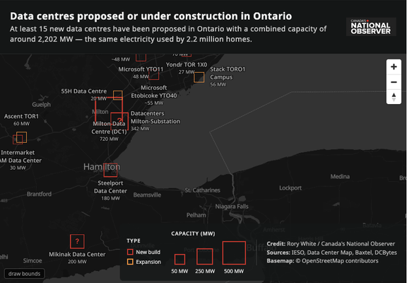 A map of data centres proposed or under construction in Ontario
At least 15 new data centres have been proposed in Ontario with a combined capacity of around 2,202 MW — the same electricity used by 2.2 million homes.