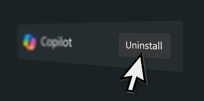 A black image showing the blurred logo for Microsoft Copilot and an arrow pointing to a button that reads "Uninstall".