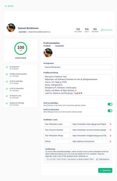 Screenshot von einer Software Anwendung. Content Profil Ansicht. Im groben sieht es so aus wie die Standard Mastodon Profil Ansicht es ist aber direkt ein Kontocheck mit eingebaut. 