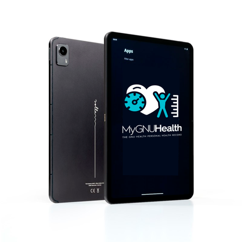 A picture showing the Volla Tablet, both back and front sides, with the logo of MyGNUHealth Personal Health Record superimposed.