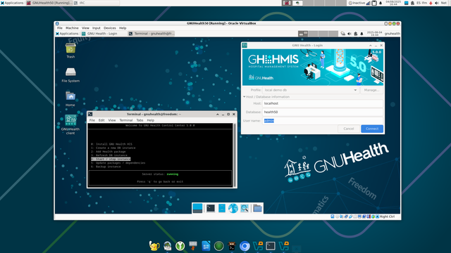 Screenshot of a XFCE desktop running a virtual machine displaying the GNU Health client login and the gnuhealth-control manager .