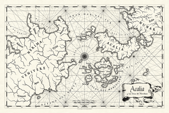 Portolan style fantasy map in black and white, with text in latin and spanish. The cartouche reads "Acalia y las Islas del Meridiano". There's a compass rose in the center of the map with a lot of rhumb lines. Oh, so many lines. Also, rivers. I love rivers.