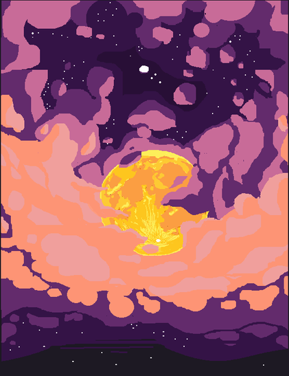 A pixel art image of the night sky with purple, orange, and salmon tones, the moon is very large and seems to be nestled in the fluffy clouds over the starry sky.