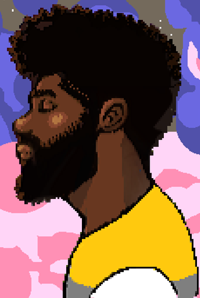 A pixelart image of a black man with a warm skin tone, black fluffy hair, and a beard. It is a side profile with the man closing his eyes. He wears a yellow shirt with a grey stripe and yellow sleeves. You can see only from the chest upward. In the background are light purple and pink clouds.
