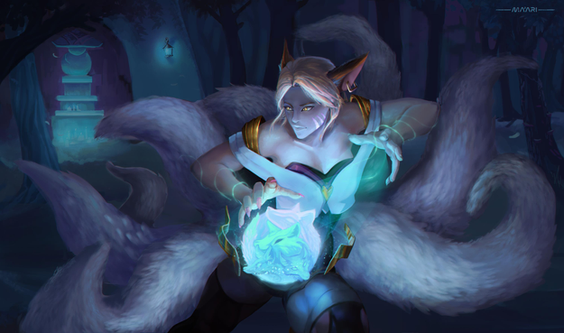 Ahri from league of legend, running in the forest at night with her magic ball.