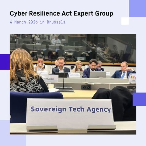 Graphic titled
Cyber Resilience Act Expert Group
4 March 2026 in Brussels
A seating placard "Sovereign Tech Agency" is visible, with several people across the room with similar placards in front of them in a meeting room of the European Commission.