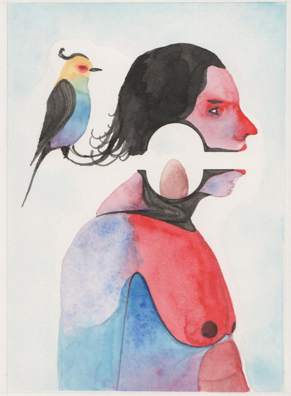 Dessin d'un personnage vu de profil. Sa tête est séparée en deux dans l'axe de la bouche. Il y a un espace circulaire au milieu de la tête, dans lequel est posé un oeuf. Le personnage à des cheveux mi-longs qui rebiquent à l'arrière. Un oiseau multicolore est posé sur la pointe de ses cheveux.