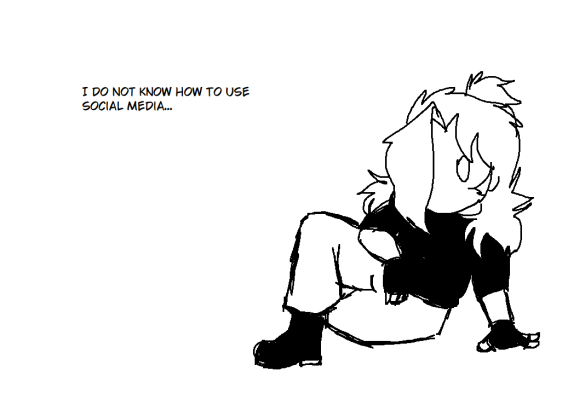 An MS Paint doodle of a chibi, long-haired genderfluid person. Their hair is done in a half ponytail with curtain bangs, with one covering the left side of the face. They are wearing a black sweater, black fingerless gloves, pants and boots. The text in the upper left corner says "I do not know how to use social media"